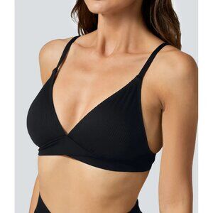 Halara Contrast Crossover Hem Bikini Swimsuit Top Sz Medium Womens Black